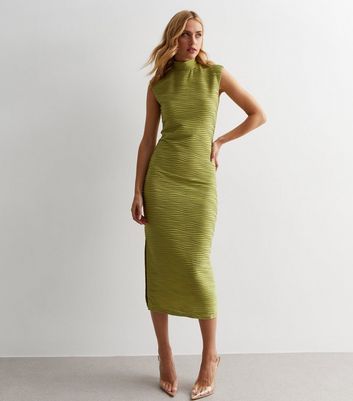 Light Green Textured High Neck Sleeveless Midi Dress New Look
