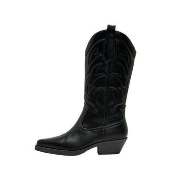 Black Leather-Look Block Heel Cowboy Boots New Look