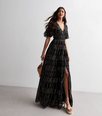 Black Sequin Stripe Flutter Sleeve Maxi Dress New Look