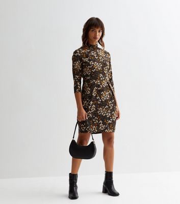 Brown Floral High Neck Mini Dress New Look
