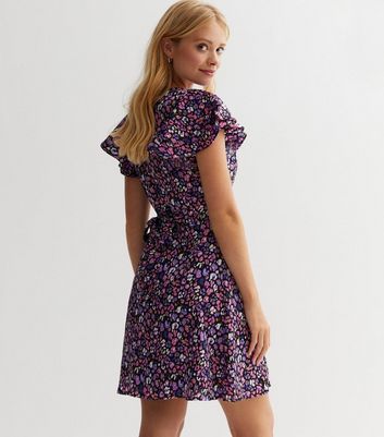 Dark Purple Floral Frill Sleeve Wrap Mini Dress New Look
