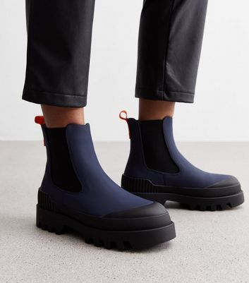 Navy Leather-Look Cleated Chelsea Boots New Look