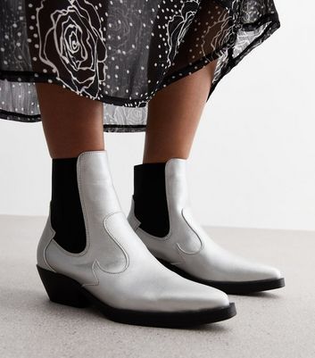 Silver Metallic Cowboy Ankle Boots New Look
