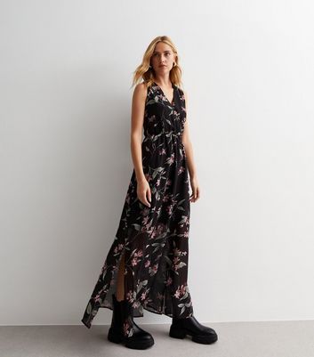 Black Floral Sleeveless Wrap Front Maxi Dress New Look