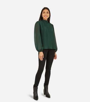 Green Pleated Puff Sleeve Top New Look