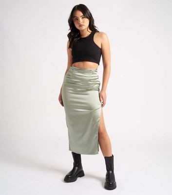 Green Satin Split Hem Midaxi Skirt New Look