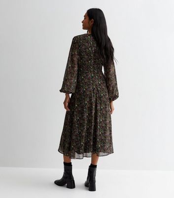 Black Ditsy Floral Puff Sleeve Midi Dress New Look