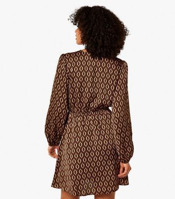 Brown Geometric Print Mini Wrap Dress New Look