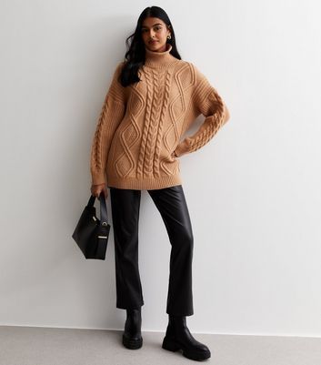 Camel Cable Knit High Neck Jumper New Look