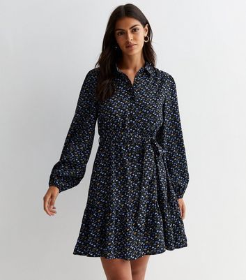 Navy Ditsy Belted Shirt Dress New Look