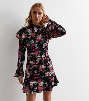 Black Floral Ruched Long Sleeve Mini Dress New Look
