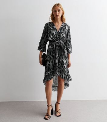 Black Leopard Print Frill Hem Midi Wrap Dress New Look
