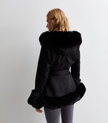 Black Suedette Faux Fur Trim Wrap Coat New Look