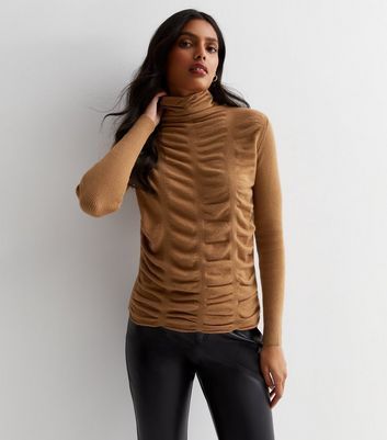 Camel Fine Knit Ruched Top New Look