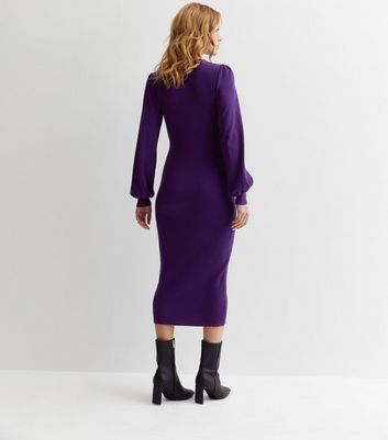 Dark Purple Ribbed V Neck Midi Dress New Look