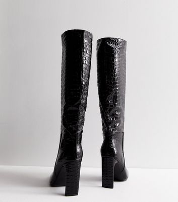 Black Faux Croc Block Heel Knee High Boots New Look
