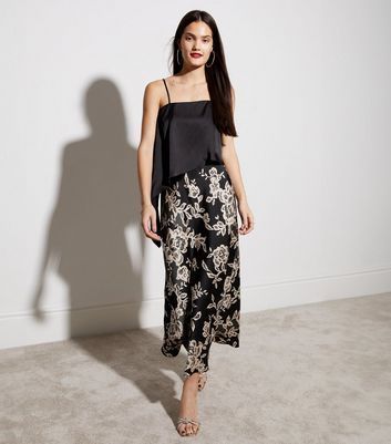 Black Floral Lace Print Satin Bias Cut Midaxi Skirt New Look