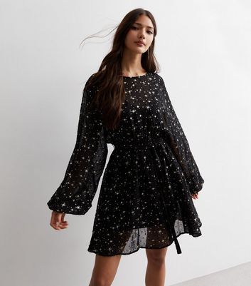 Black Star Print Puff Sleeve Mini Dress New Look
