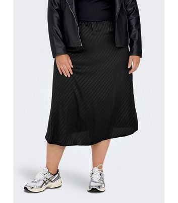 Curves Black Stripe Sateen Midi Skirt New Look