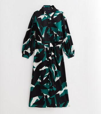 Curves Green Brush Stroke Belted Midaxi Shirt Dress New Look