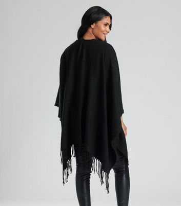 Black Fringe Knit Blanket Wrap New Look