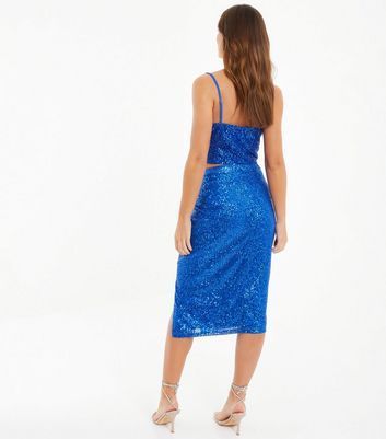 Bright Blue Sequin Split Front Midi Skirt New Look