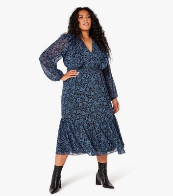 Curves Blue Floral Tiered Long Sleeve Midaxi Dress New Look