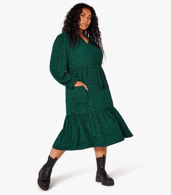 Curves Green Animal Print Tiered Midi Dress New Look