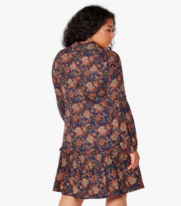 Curves Navy Floral Long Sleeve Tiered Mini Dress New Look