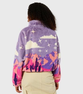 Purple Landscape Print Fleece Jacket New Look