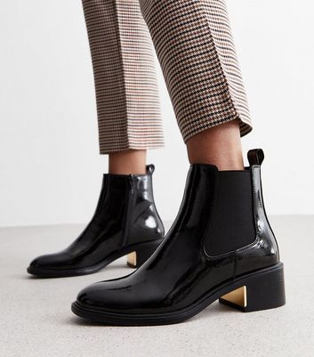 Black Patent Leather-Look Heeled Chelsea Boots New Look