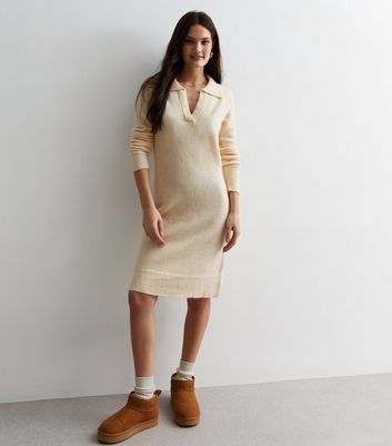 Cream Knit Collared Midi Dress New Look