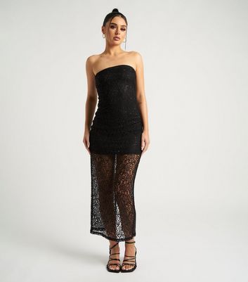 Black Sequin Lace Bandeau Midaxi Dress New Look