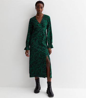 Tall Green Abstract Print Ruffle Split Hem Midaxi Dress New Look