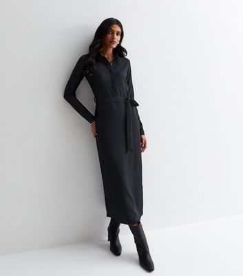 Black Crinkle Jersey Belted Midaxi Shirt Dress New Look