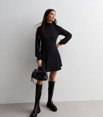 Black Ribbed Jersey High Neck Mini Dress New Look
