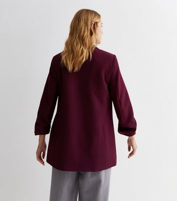 Burgundy Ruched Sleeve Oversized Blazer New Look