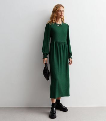 Dark Green Crinkle Jersey Long Sleeve Midaxi Smock Dress New Look