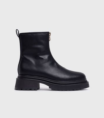 Black Matte Leather-Look Zip Front Boots New Look