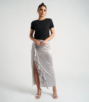 Silver Satin Side Ruffle Split Hem Midaxi Skirt New Look