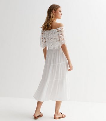 White Lace Bardot Tiered Midi Dress New Look