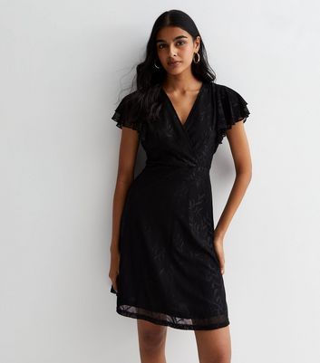 Black Double Frill Sleeve Wrap Mini Dress New Look
