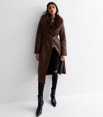 Dark Brown Leather-Look Longline Coat New Look