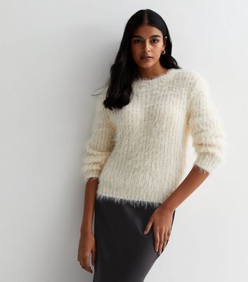 Off White Fluffy Knit Jumper New Look