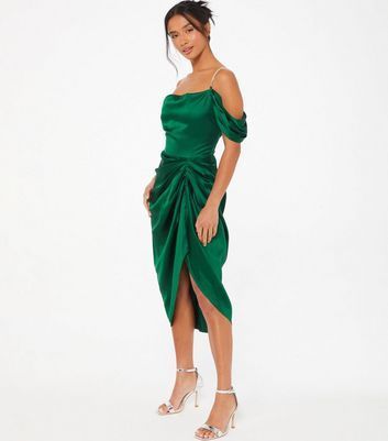 Petite Green Satin Cold Shoulder Ruched Midi Dress New Look