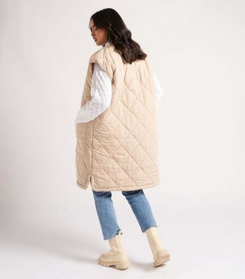 Stone Quilted Long Gilet New Look