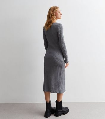 Grey Ribbed Knit Cut Out Bodycon Midi Dress New Look