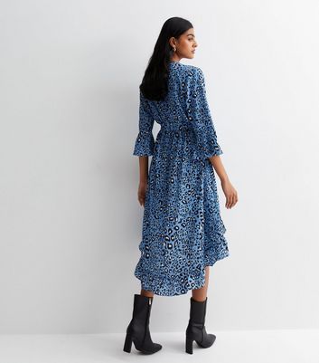 Blue Animal Print Ruffle Wrap Midi Dress New Look