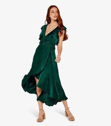 Dark Green Satin Ruffle Wrap Midi Dress New Look