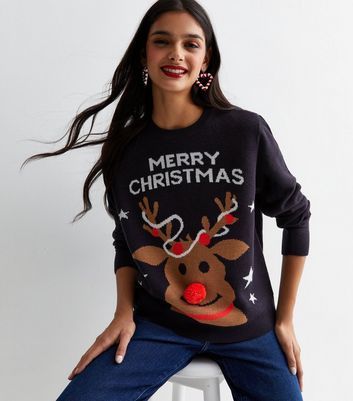 Navy Knit Reindeer Christmas Jumper New Look